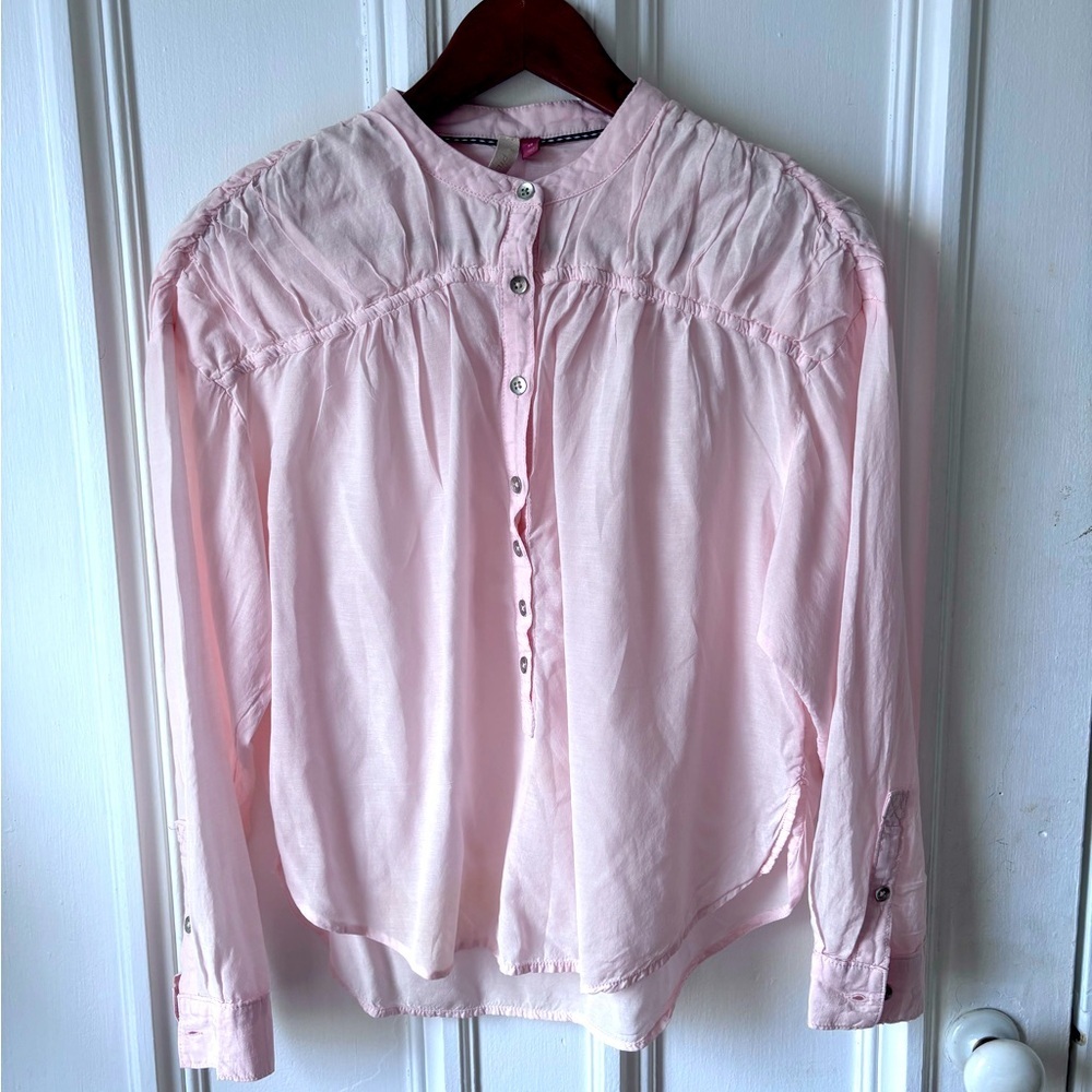 Anthropologie Pilcro Blush Pink Half Button Down Long Sleeve Semi Sheer Blouse
